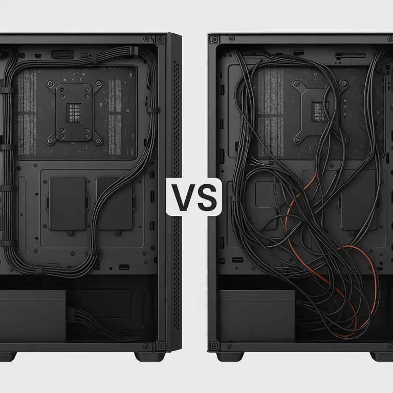A case with neat cable management compared to a case with messy cables