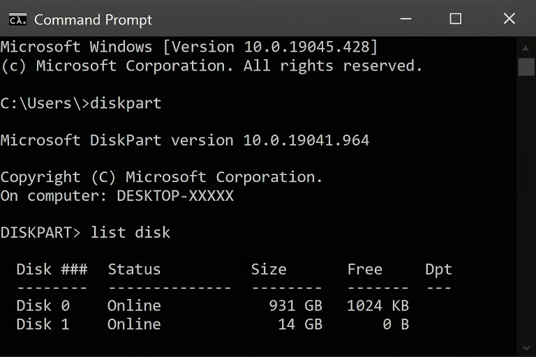 نمایی از اجرای دستورات Diskpart در CMD.